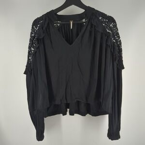 FREE PEOPLE Women's Black Lace Shoulder Long Sleeve V-Neck Top XS